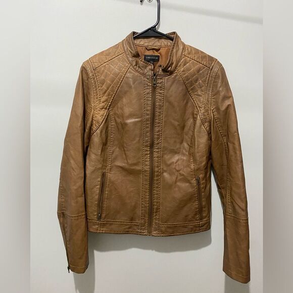 Lord & Taylor Brown Faux Leather Moto Bomber Jacket with Quilted Shoulders - Picture 2 of 6